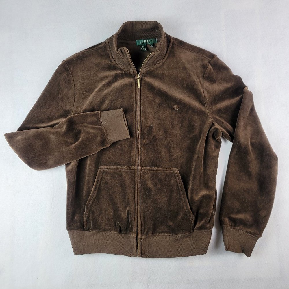 RALPH LAUREN Medium Women's Jacket Sweater Full Zip With Pockets Brown Suede